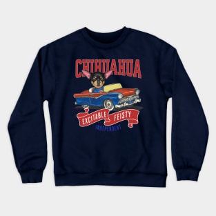 Funny and Cute Chihuahua dog driving a vintage classic retro car with red white and blue banner tee Crewneck Sweatshirt